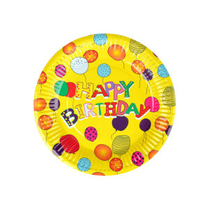 Yellow Paper Plates – 23cm Happy Birthday Balloons Disposable Plate