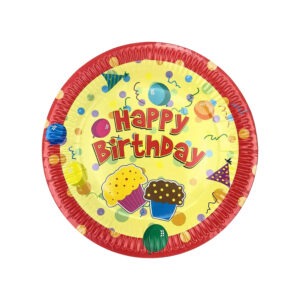 Yellow Paper Dishes – 23cm Happy Birthday Cupcake Disposable Plates
