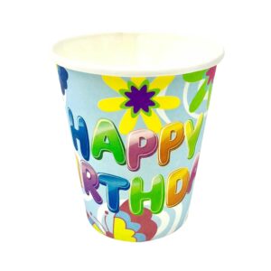 Blue Party Cups – 7oz Happy Birthday Flower Disposable Cups