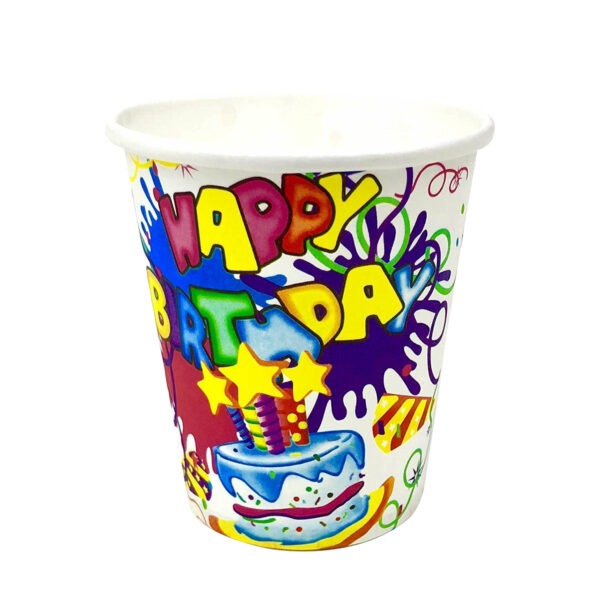 White Paper Cups – 30X 7oz Happy Birthday Cake Star Party Cups