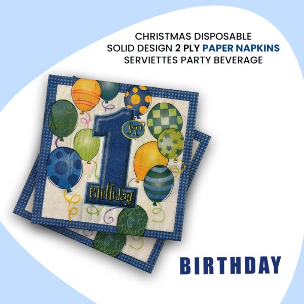 Blue Party Napkins – 10x 2-Ply 1st Birthday Paper Serviettes