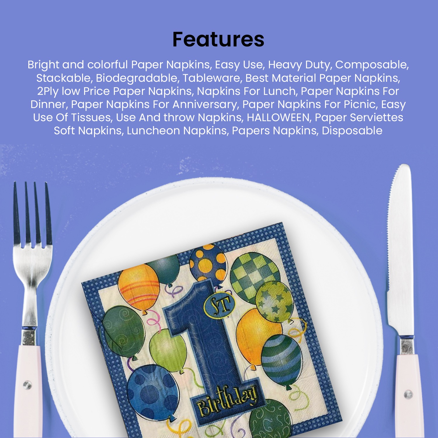 Blue Party Napkins – 10x 2-Ply 1st Birthday Paper Serviettes