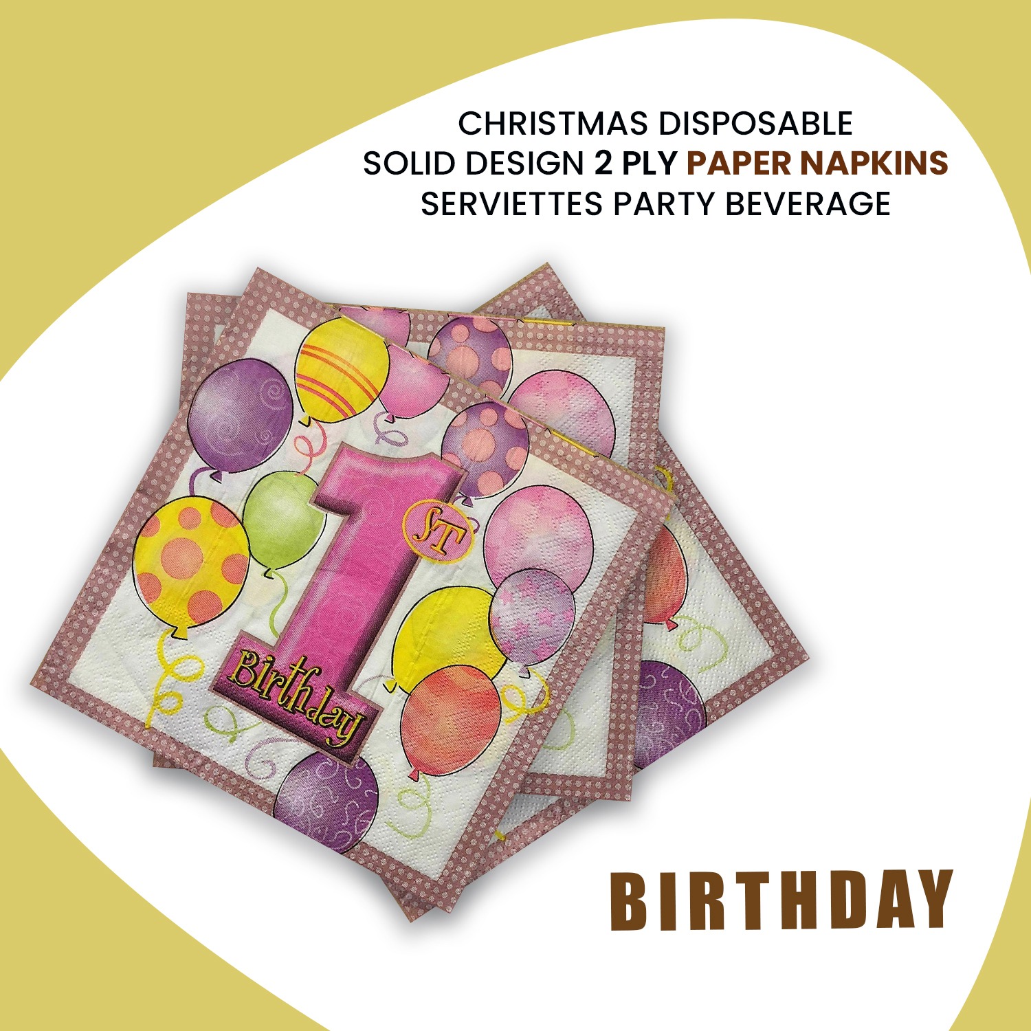 Pink Napkins for Party – 10x 2-Ply 1st Birthday Paper Serviettes