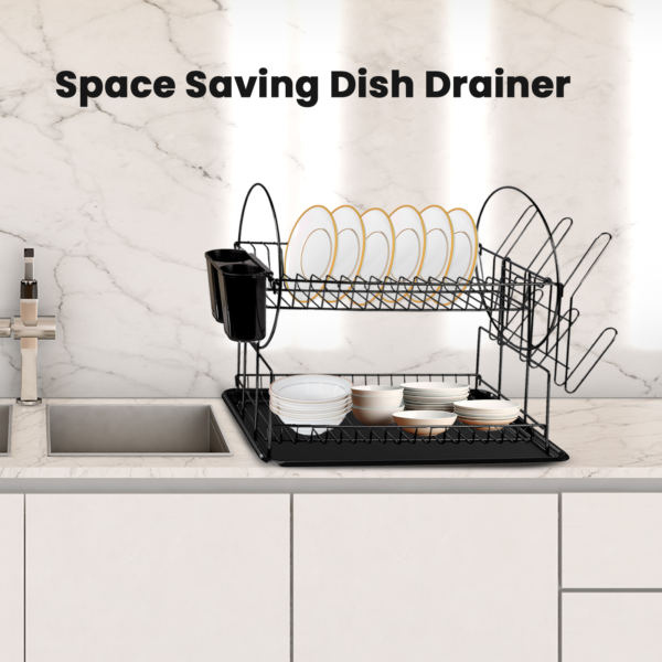 2 Tier Black Dish Drainer Rack – With Utensil Holder & Drip Tray