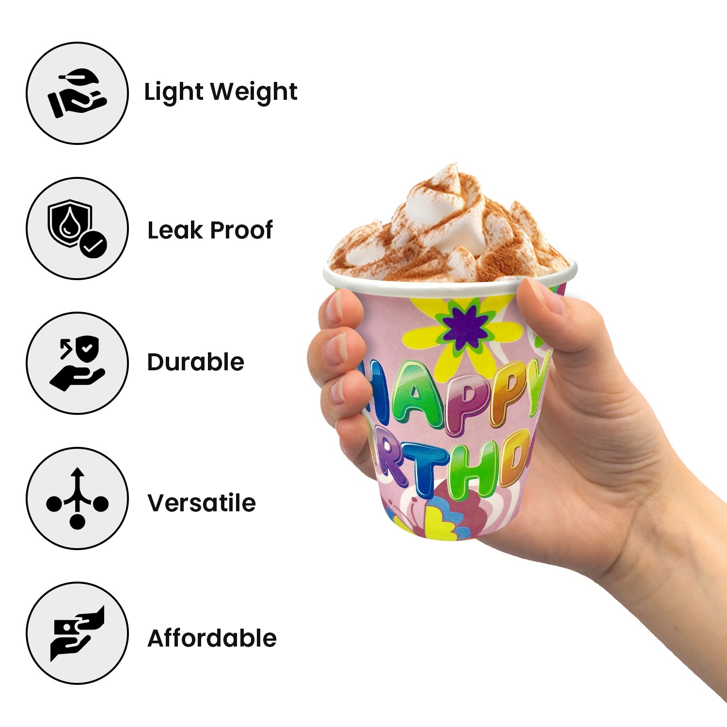 Pink Colored Cups – 30 Pack Happy Birthday Flower Design