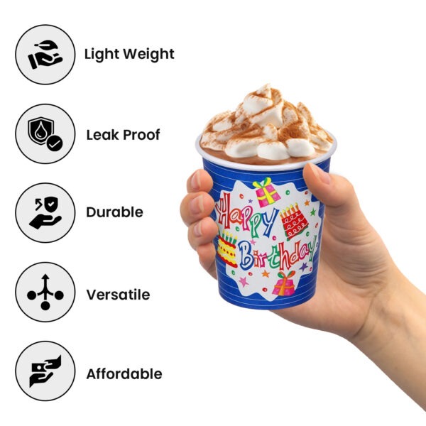 Disposable Coffee Cups – 30 Pack White Blue Happy Birthday Design
