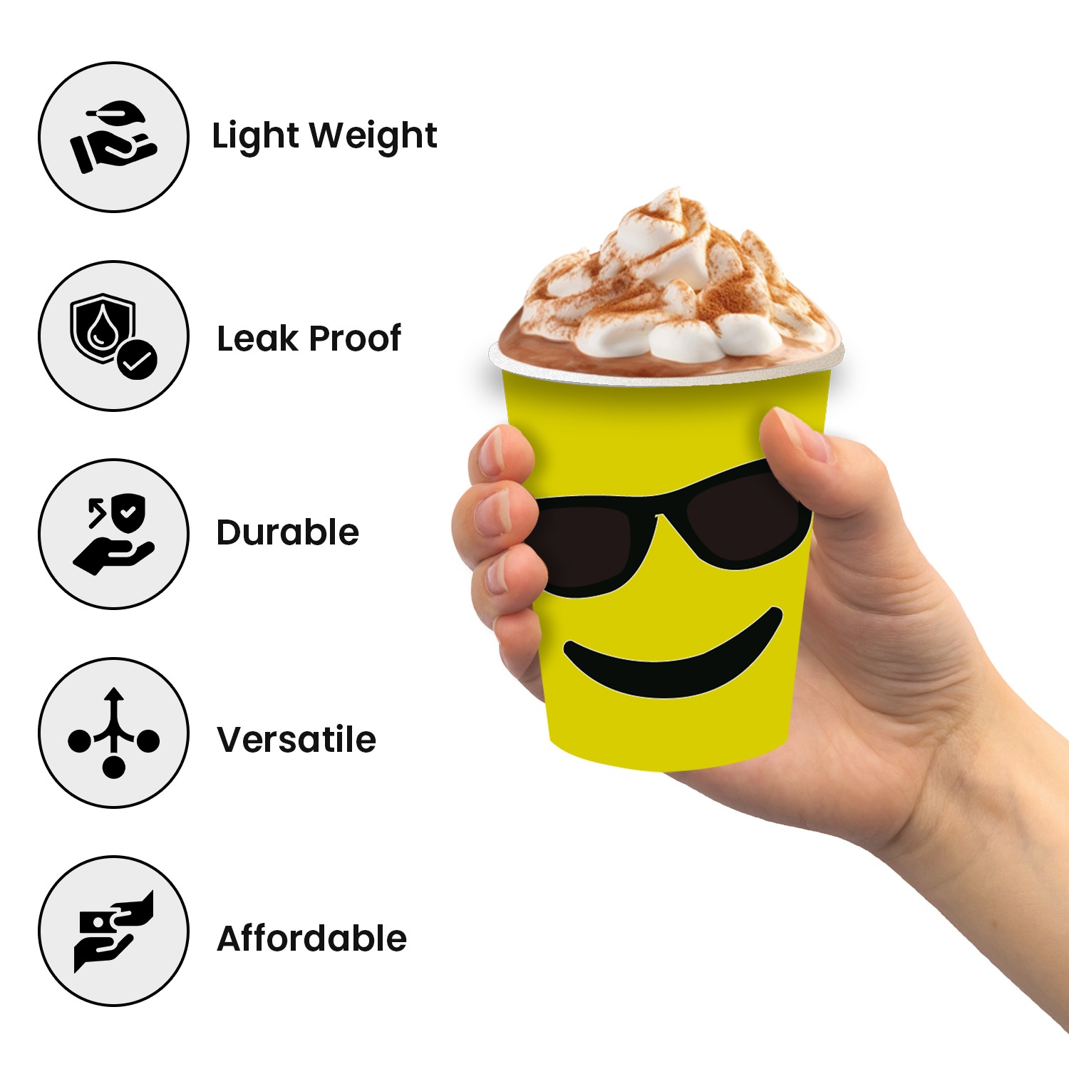 30X 7oz Cups – Emoji Sunglass Yellow Paper Eco-Friendly Cups