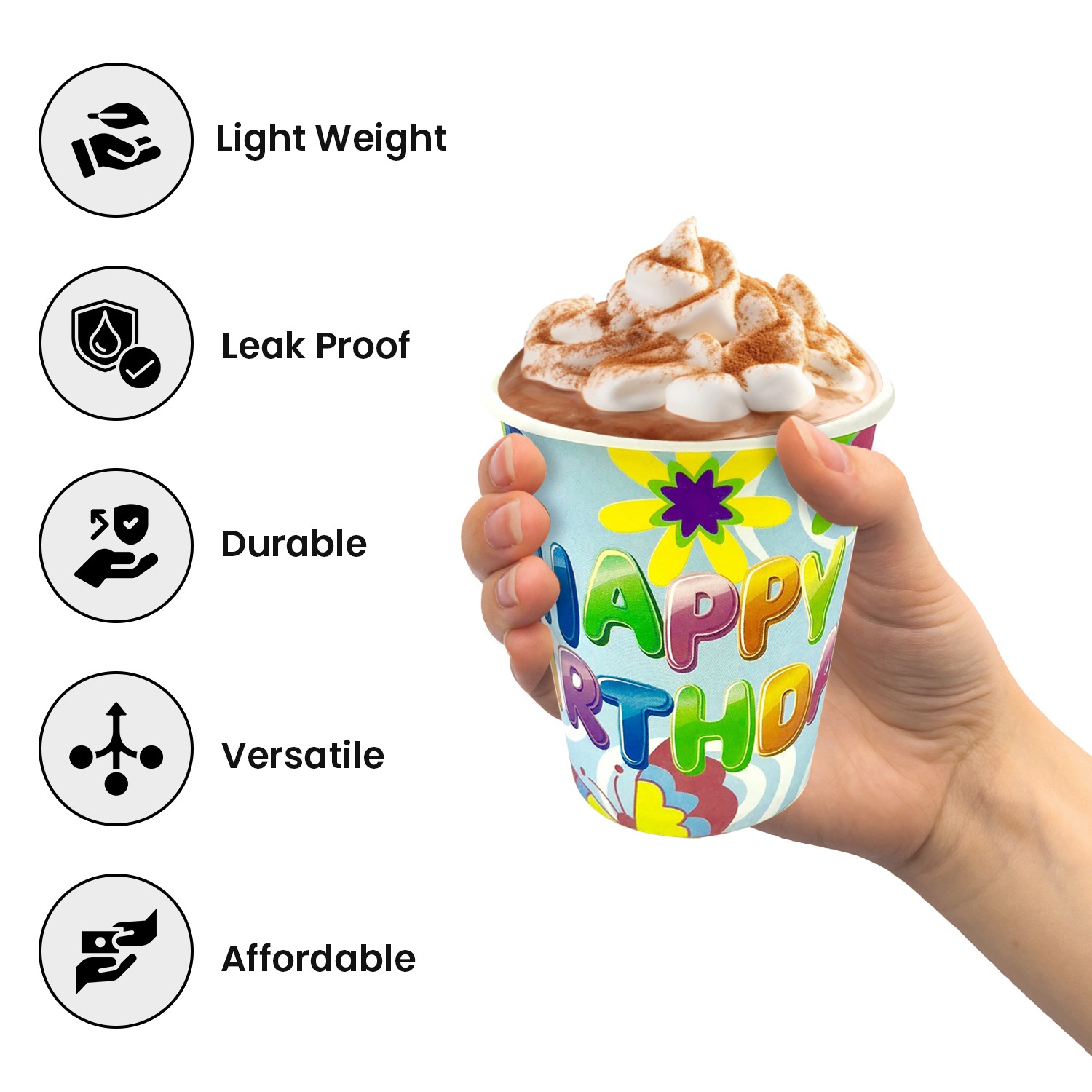 Blue Party Cups – 7oz Happy Birthday Flower Disposable Cups