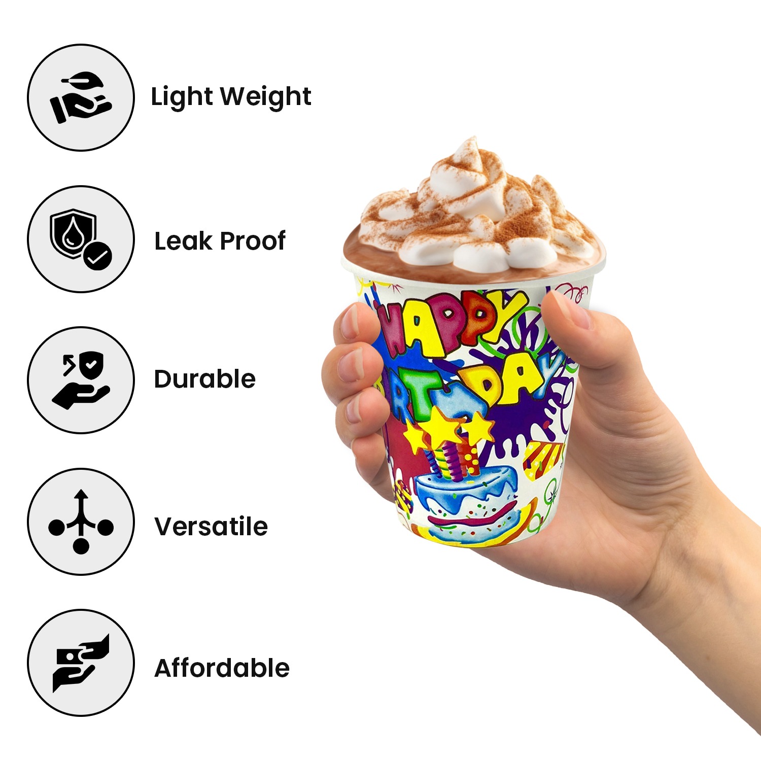 White Paper Cups – 30X 7oz Happy Birthday Cake Star Party Cups