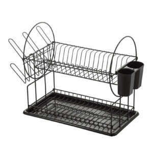 2 Tier Black Dish Drainer Rack – With Utensil Holder & Drip Tray