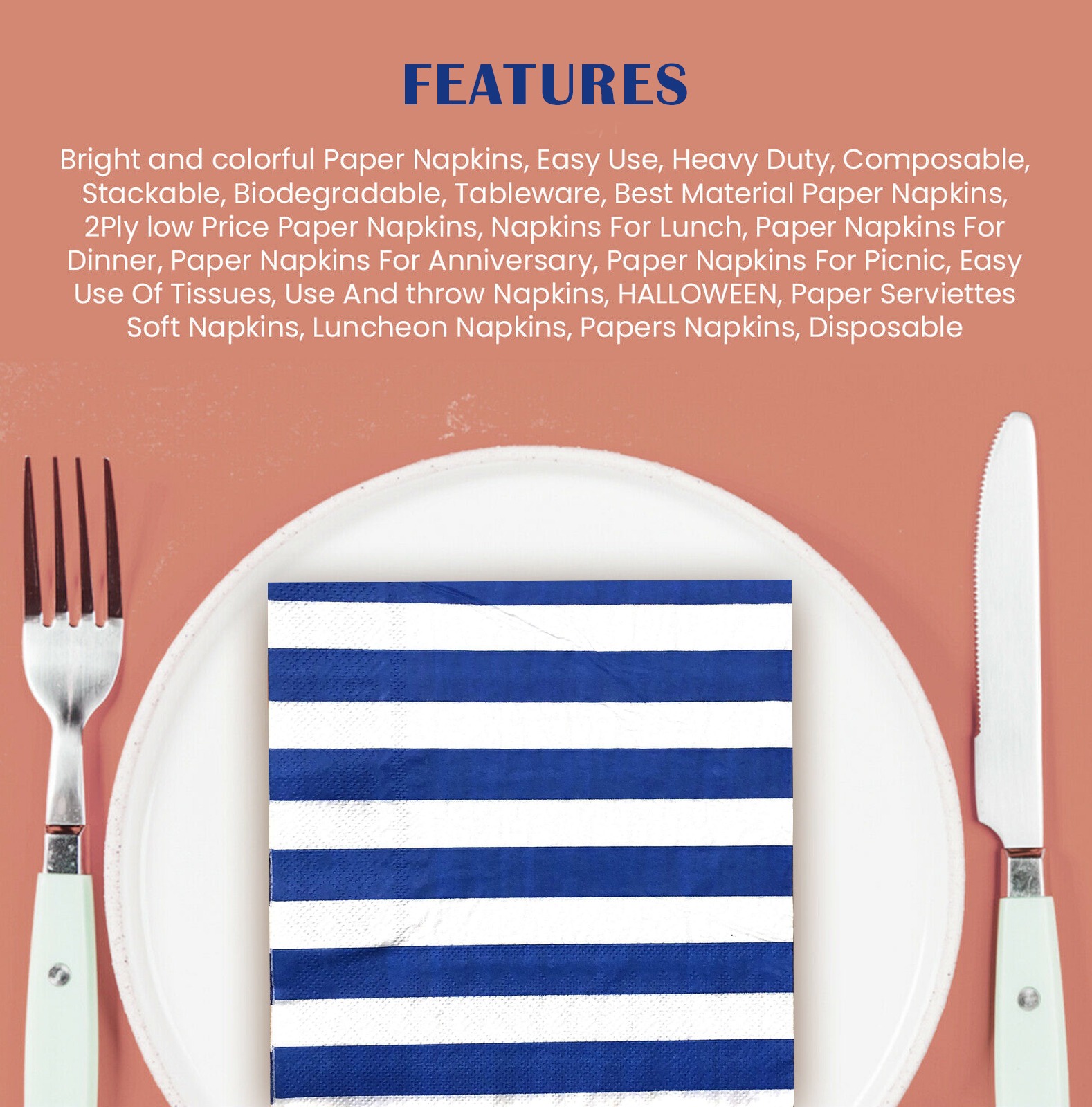 20X Stripes Blue Paper Napkins 2 Ply Disposable Party Serviettes