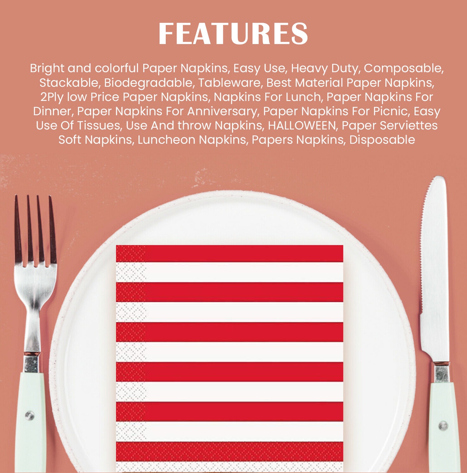 20X Stripes Red Paper Napkins 2 Ply Disposable Party Serviettes