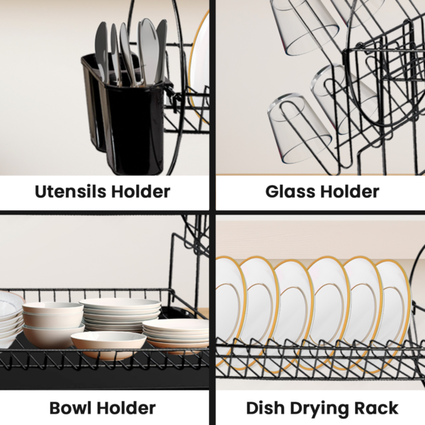 2 Tier Black Dish Drainer Rack – With Utensil Holder & Drip Tray