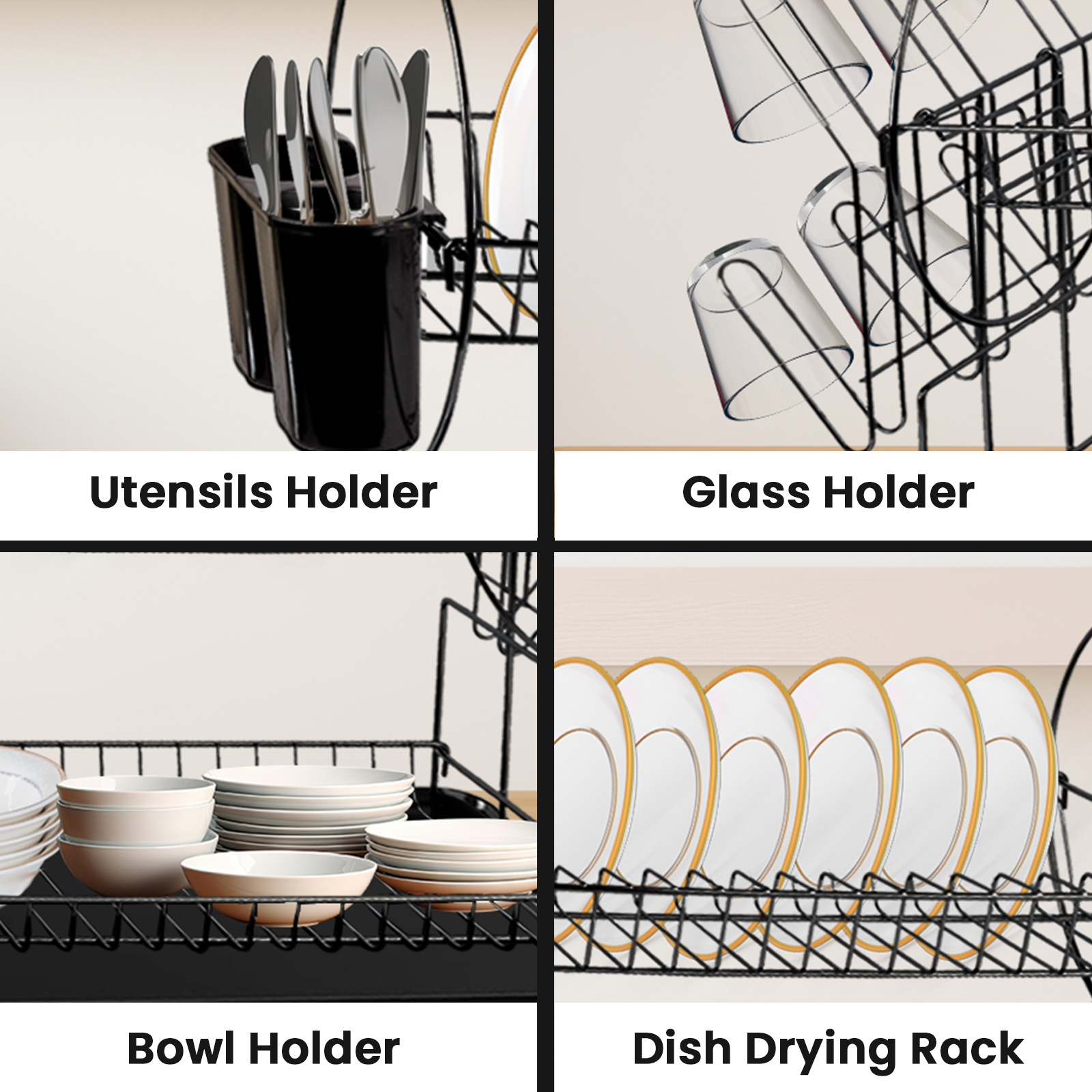 2 Tier Black Dish Drainer Rack – With Utensil Holder & Drip Tray