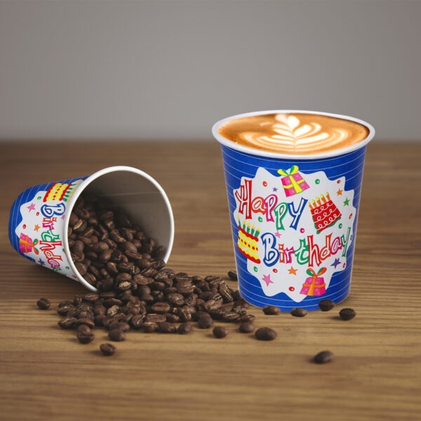 Disposable Coffee Cups – 30 Pack White Blue Happy Birthday Design