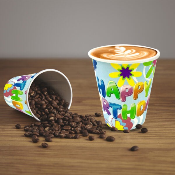 Blue Party Cups – 7oz Happy Birthday Flower Disposable Cups