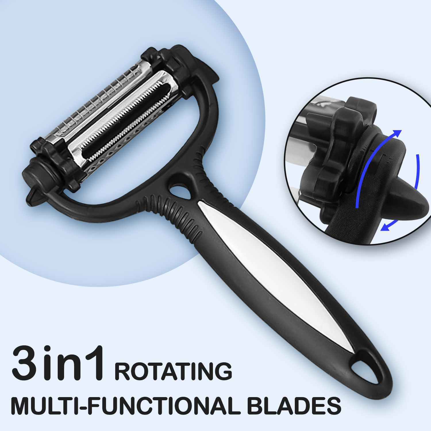 Black 3-in-1 Roto Potato Peeler – Multi-Function Sharp Stainless Steel Blades