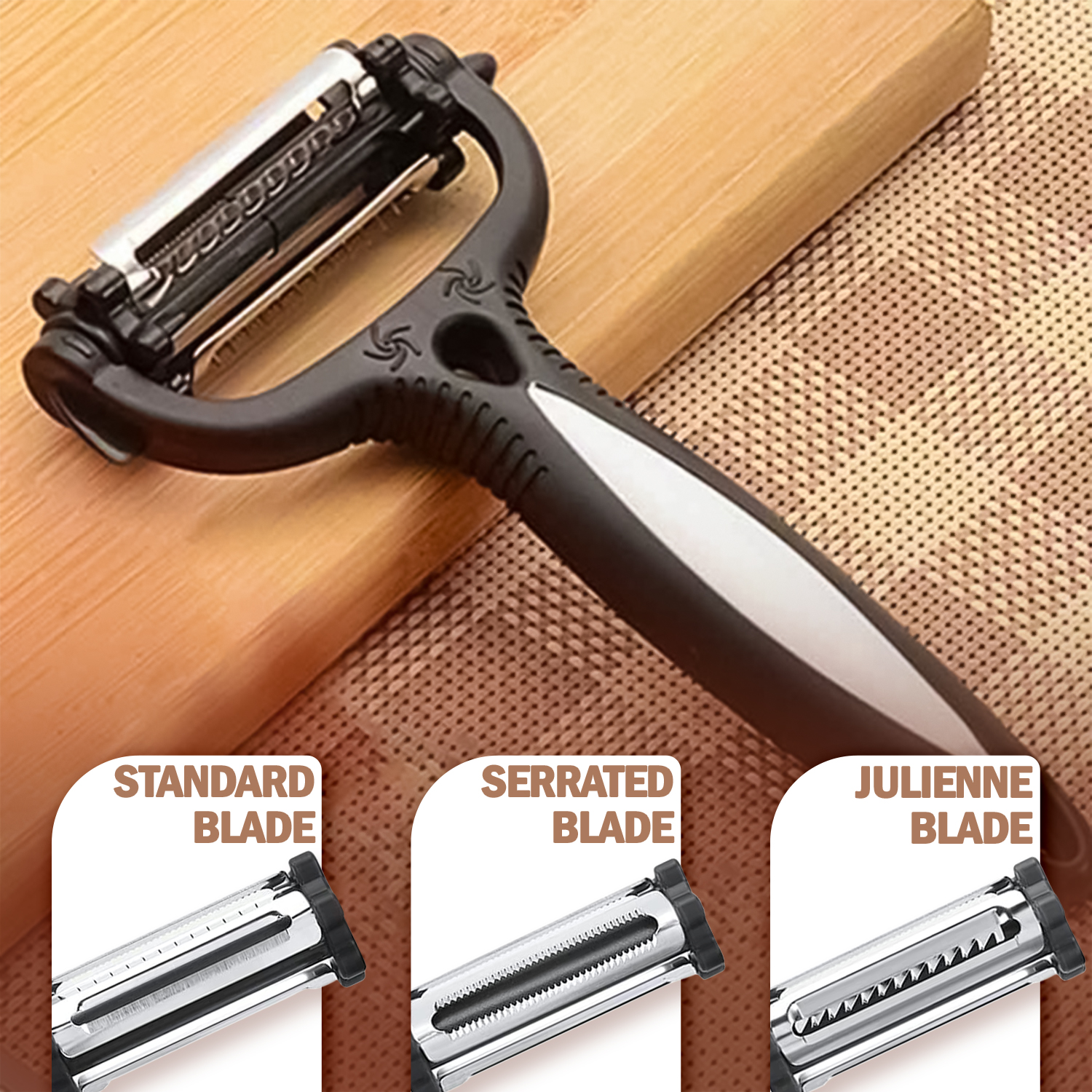 Black 3-in-1 Roto Potato Peeler – Multi-Function Sharp Stainless Steel Blades