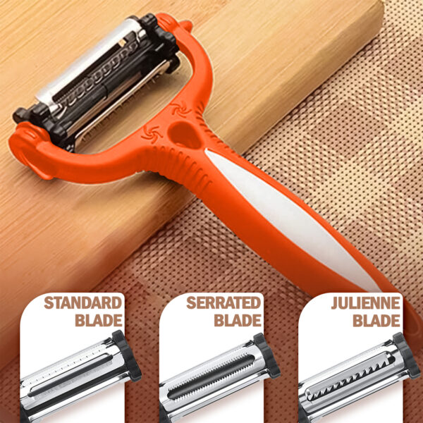 3-in-1 Orange Veg Peeler – Rotating Multi-Blade Stainless Steel Kitchen Tool