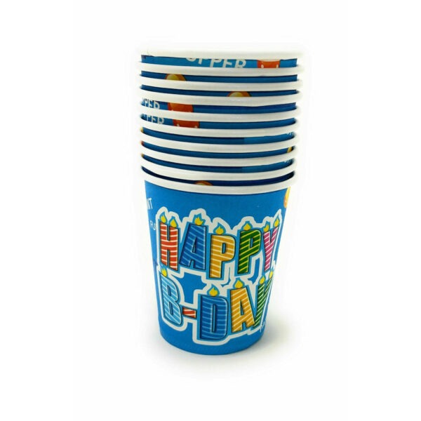 Paper Hot Drink Cups – 30 Blue Happy Birthday Candle Design