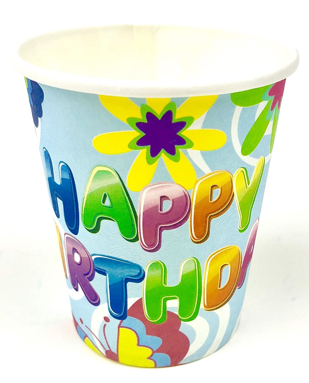 Blue Party Cups – 7oz Happy Birthday Flower Disposable Cups