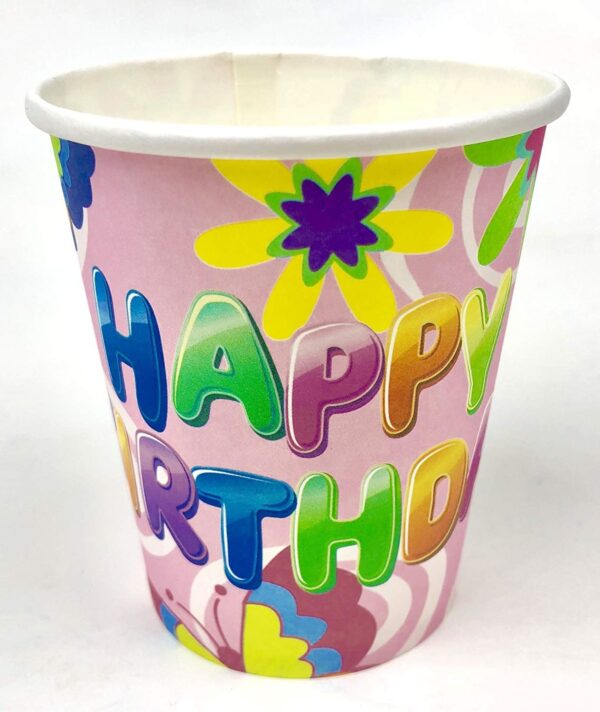Pink Colored Cups – 30 Pack Happy Birthday Flower Design