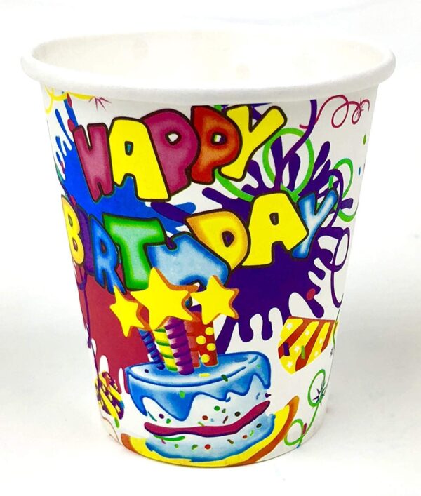 White Paper Cups – 30X 7oz Happy Birthday Cake Star Party Cups
