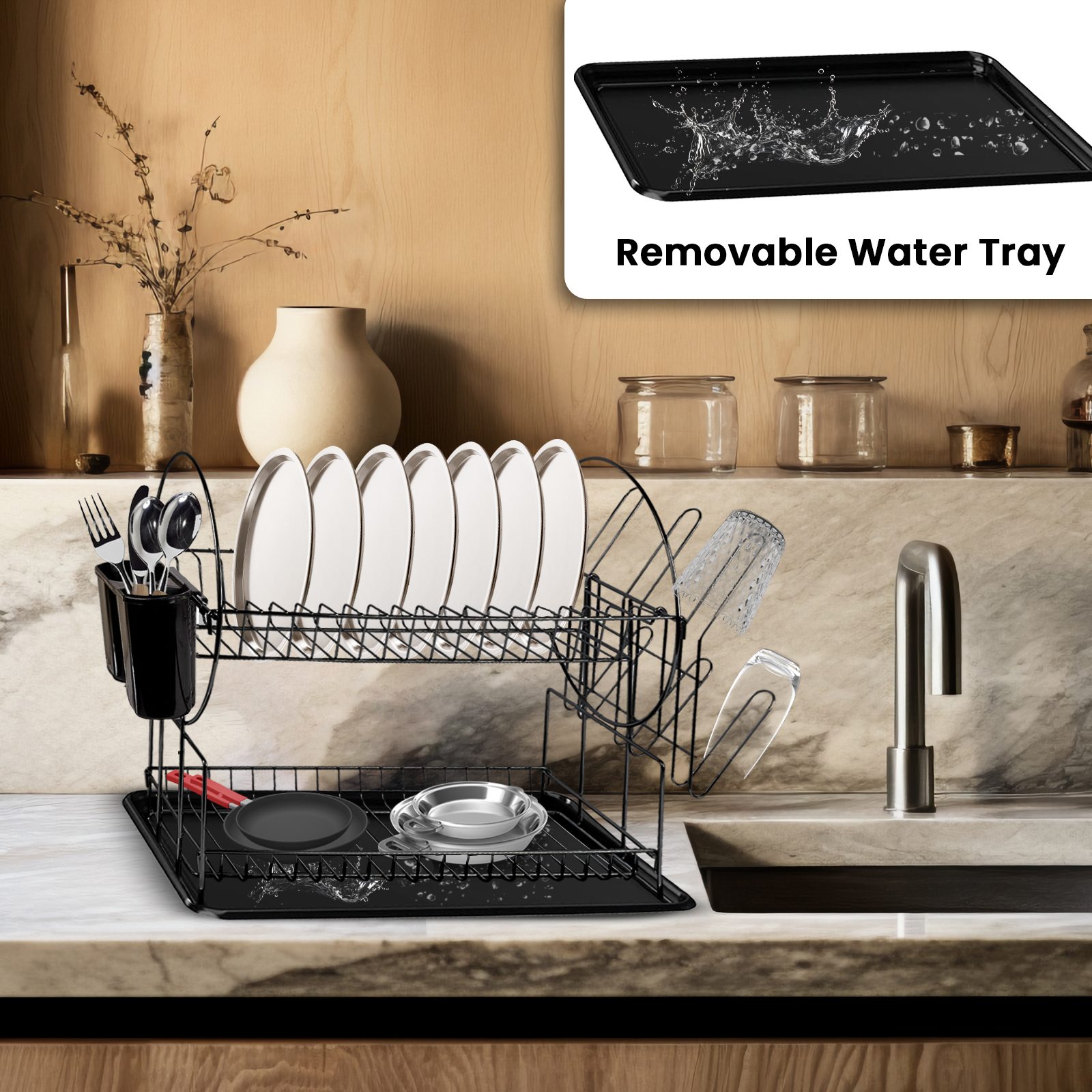 2 Tier Black Dish Drainer Rack – With Utensil Holder & Drip Tray
