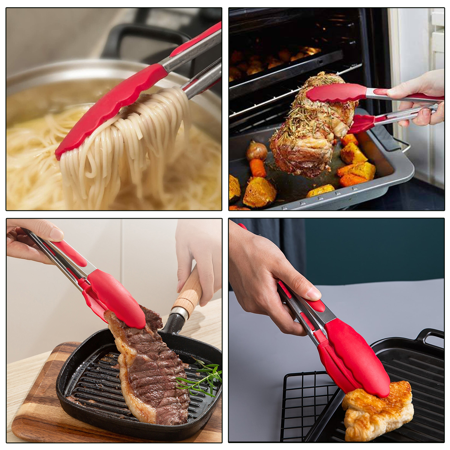 Red 9-Inch Kitchen Tongs – Silicone Tips, Heat Resistant & Ergonomic