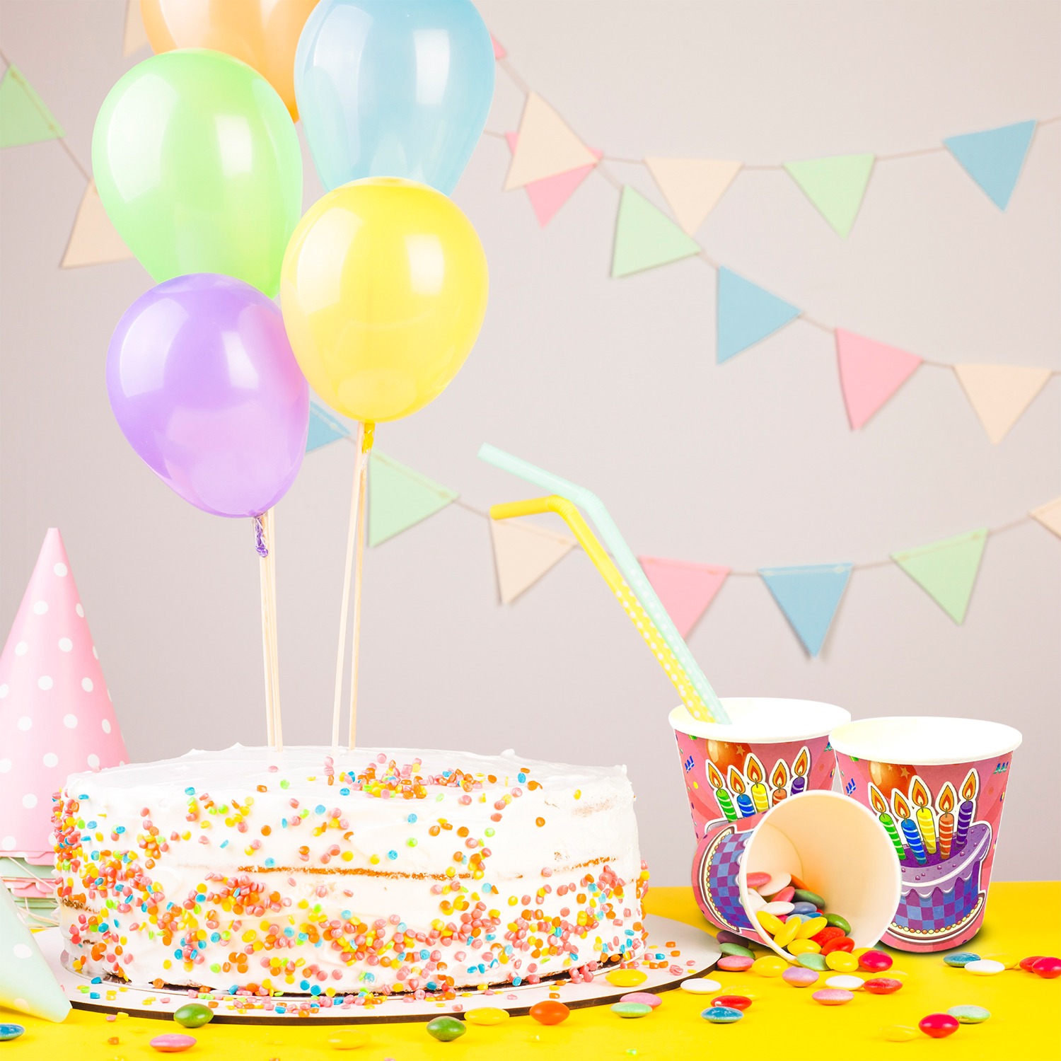 Pink Paper Cup – 7oz Birthday Cake Candle Party Cups