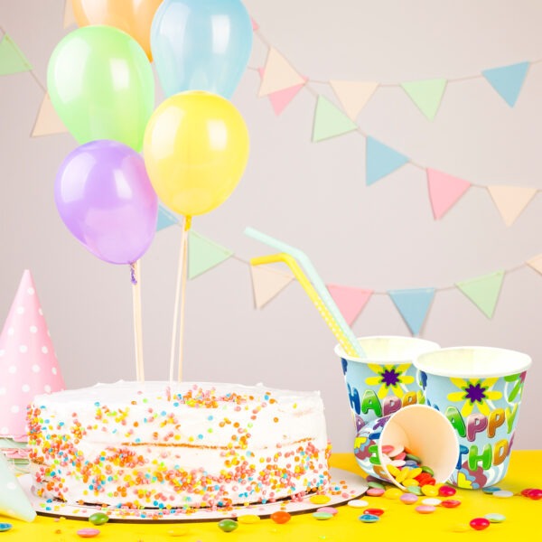 Blue Party Cups – 7oz Happy Birthday Flower Disposable Cups