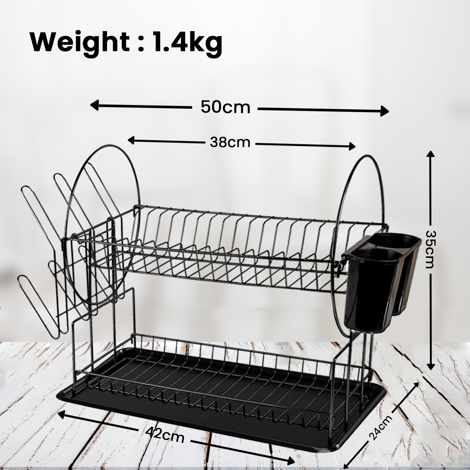 2 Tier Black Dish Drainer Rack – With Utensil Holder & Drip Tray