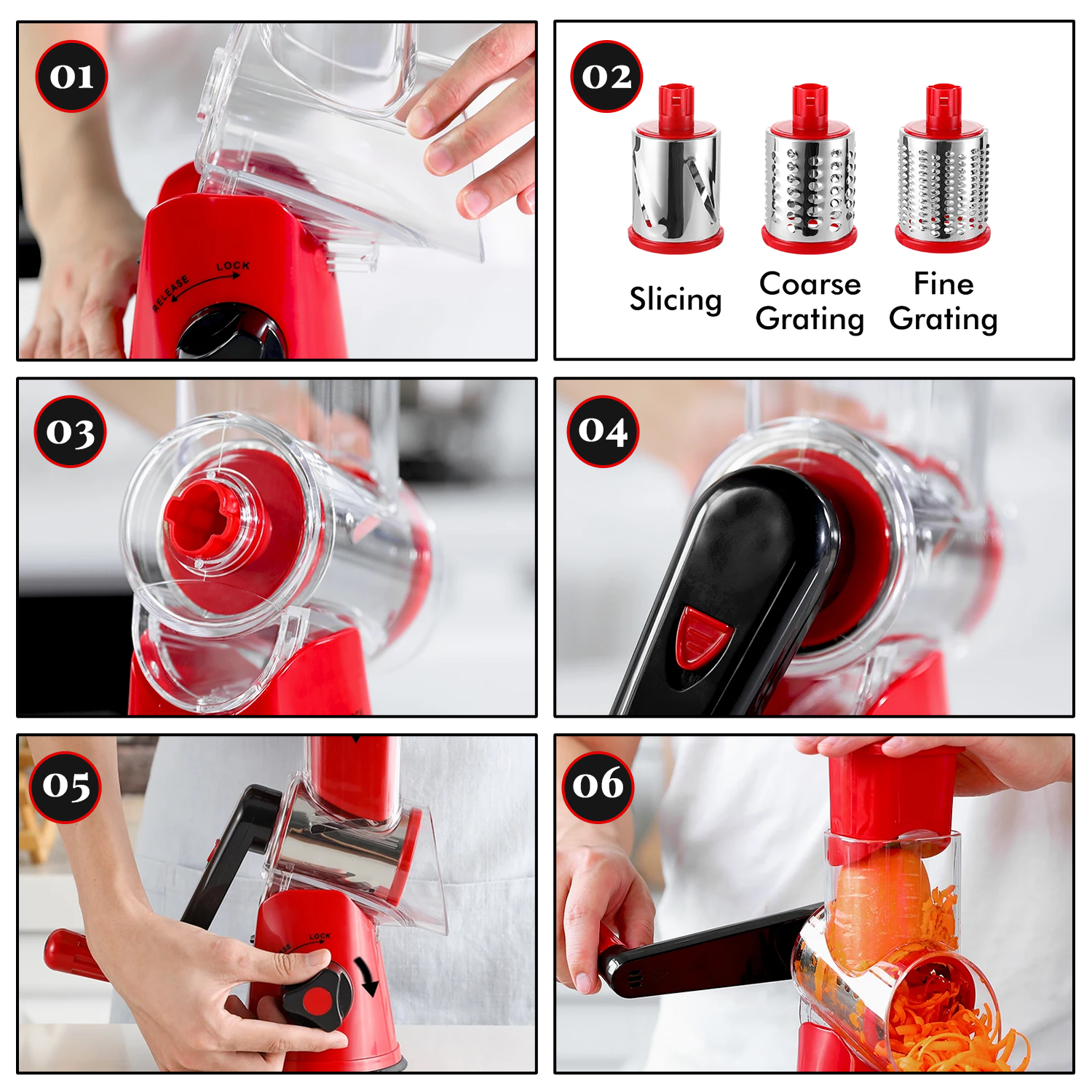 Mandoline Slicer for Kitchen – Safe Rotary Grater with 3 Blades