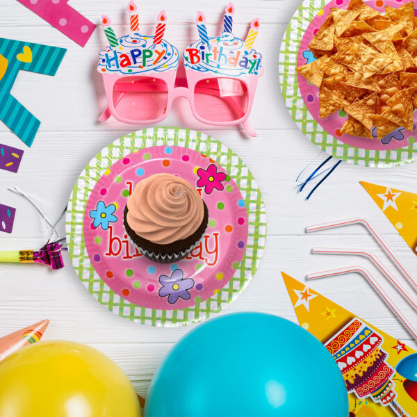 Pink Flower Happy Birthday Cake Paper Plates – 23cm Disposable