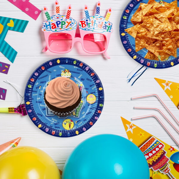 AEX Blue Balloon Happy Birthday Cake Paper Plates