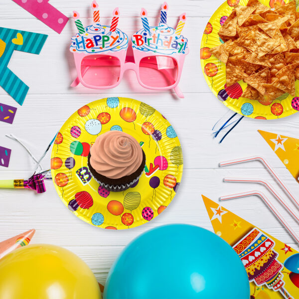 Yellow Paper Plates – 23cm Happy Birthday Balloons Disposable Plate
