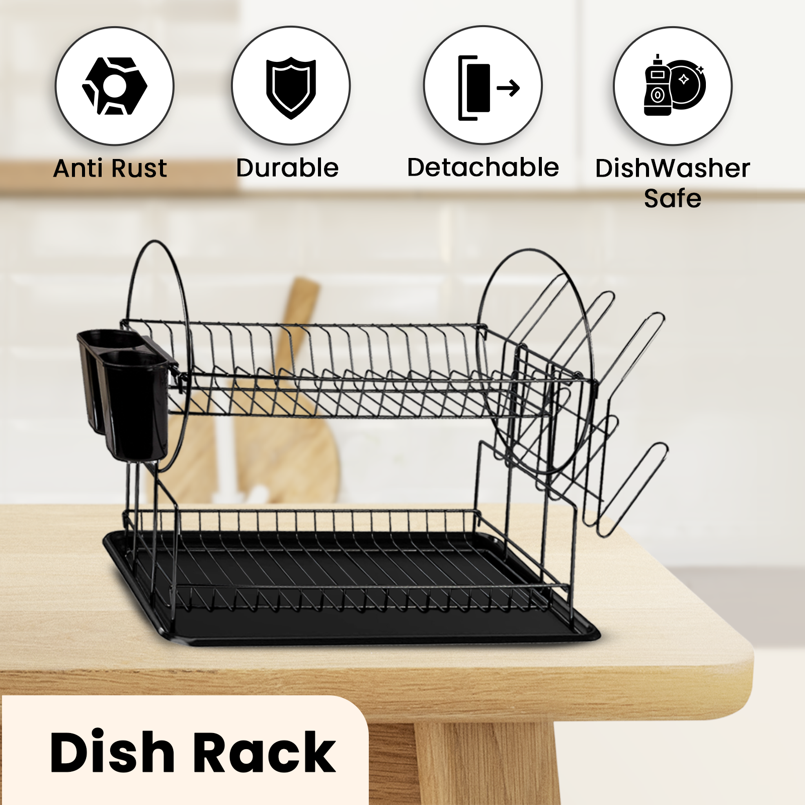 2 Tier Black Dish Drainer Rack – With Utensil Holder & Drip Tray