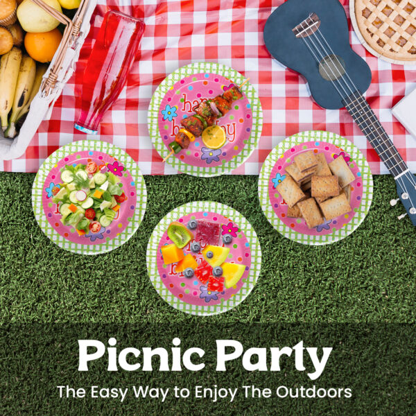 Pink Flower Happy Birthday Cake Paper Plates – 23cm Disposable