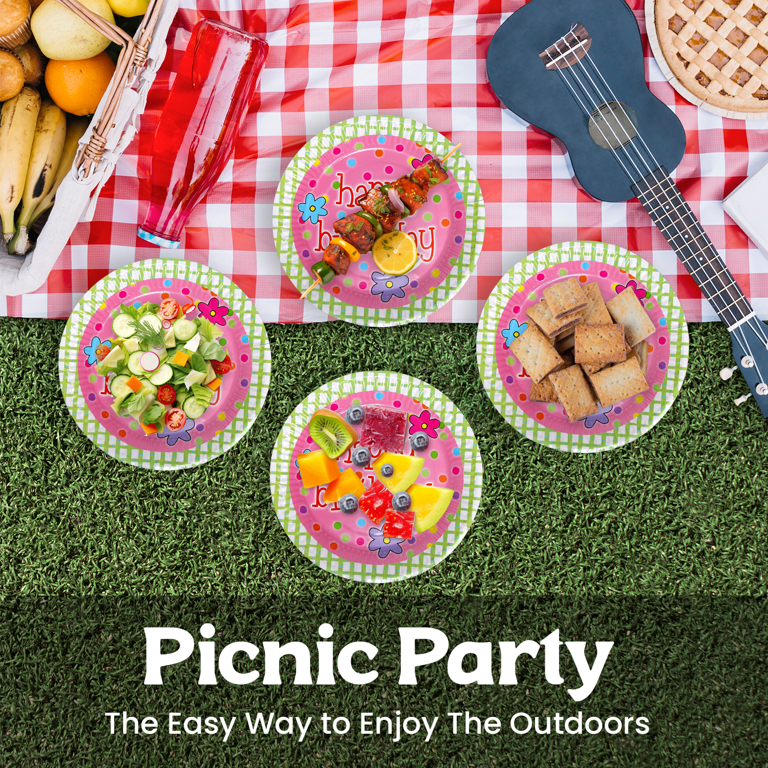 Pink Flower Happy Birthday Cake Paper Plates – 23cm Disposable