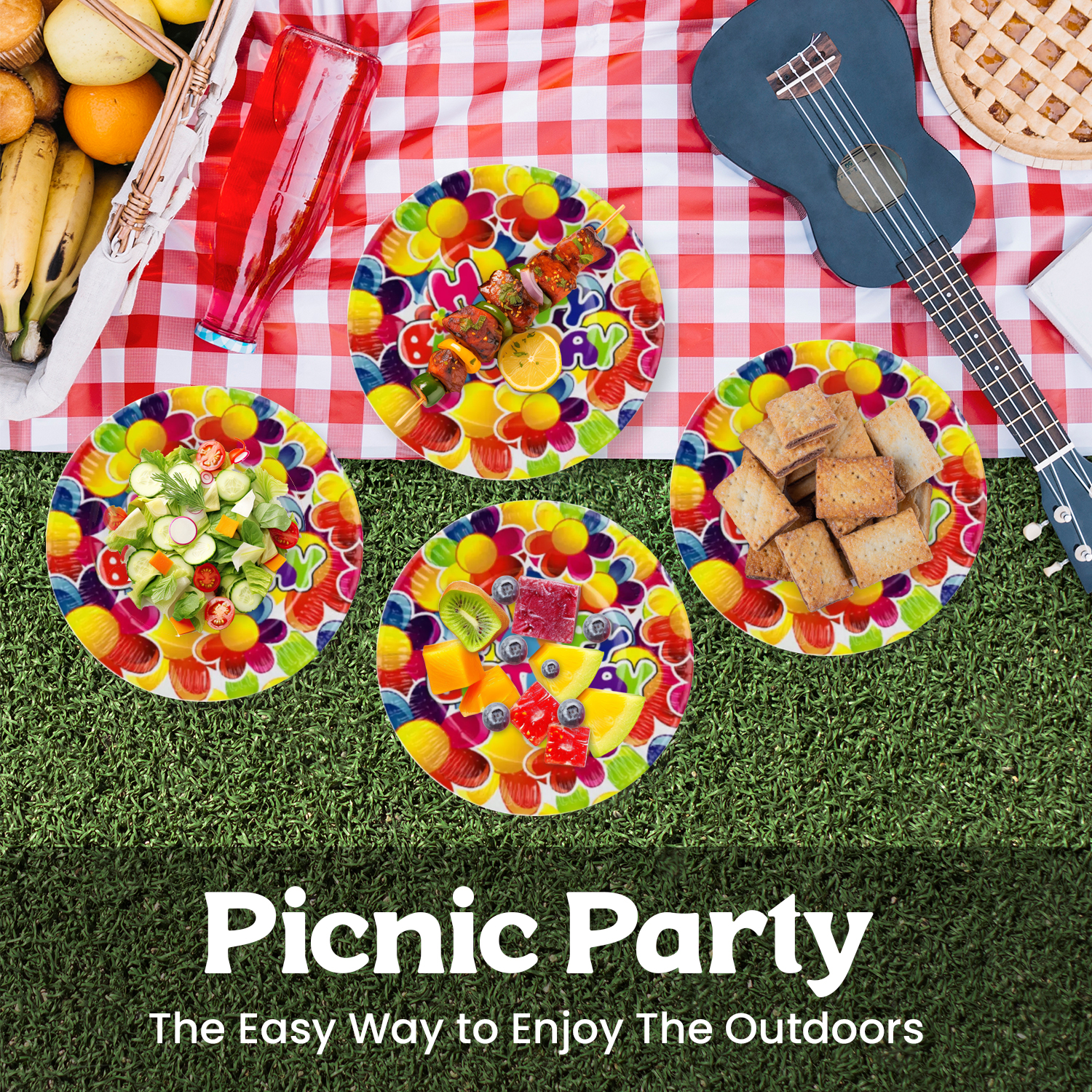 Birthday Paper Plates – Big Flower Design, 23cm Disposable Partyware