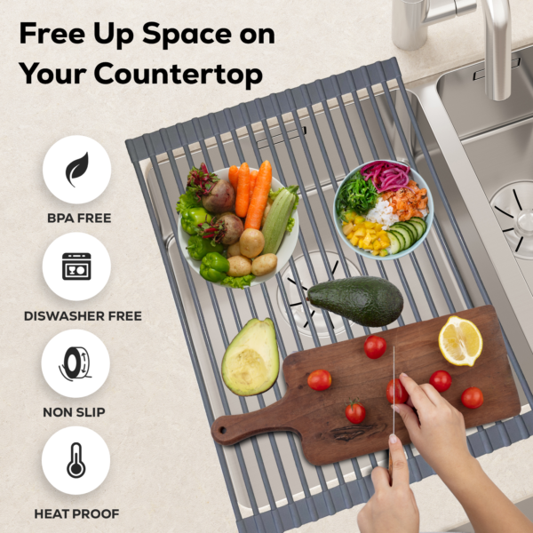 Dish Drainer Sink Rack – Foldable Rolling Kitchen Draining Mat