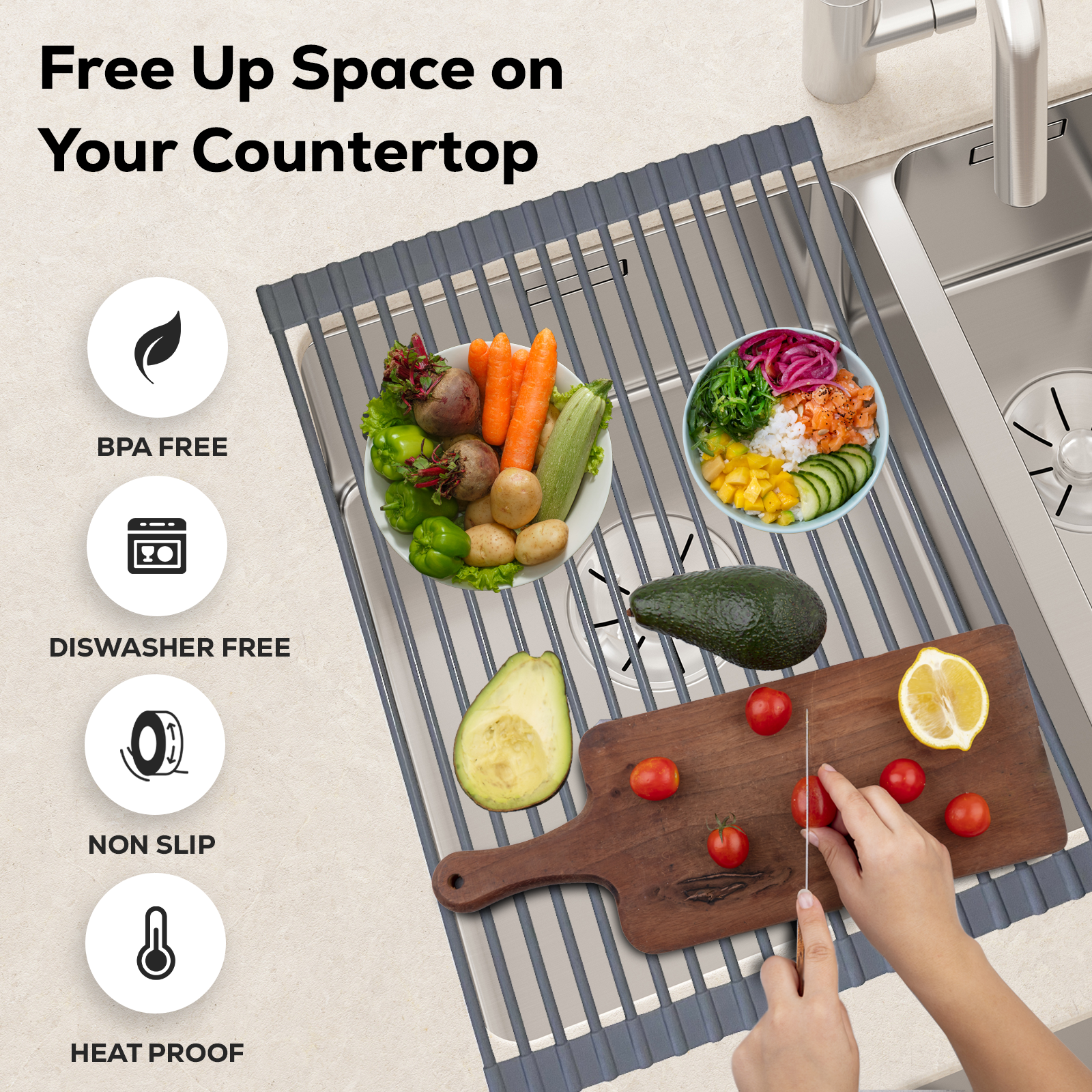 Dish Drainer Sink Rack – Foldable Rolling Kitchen Draining Mat