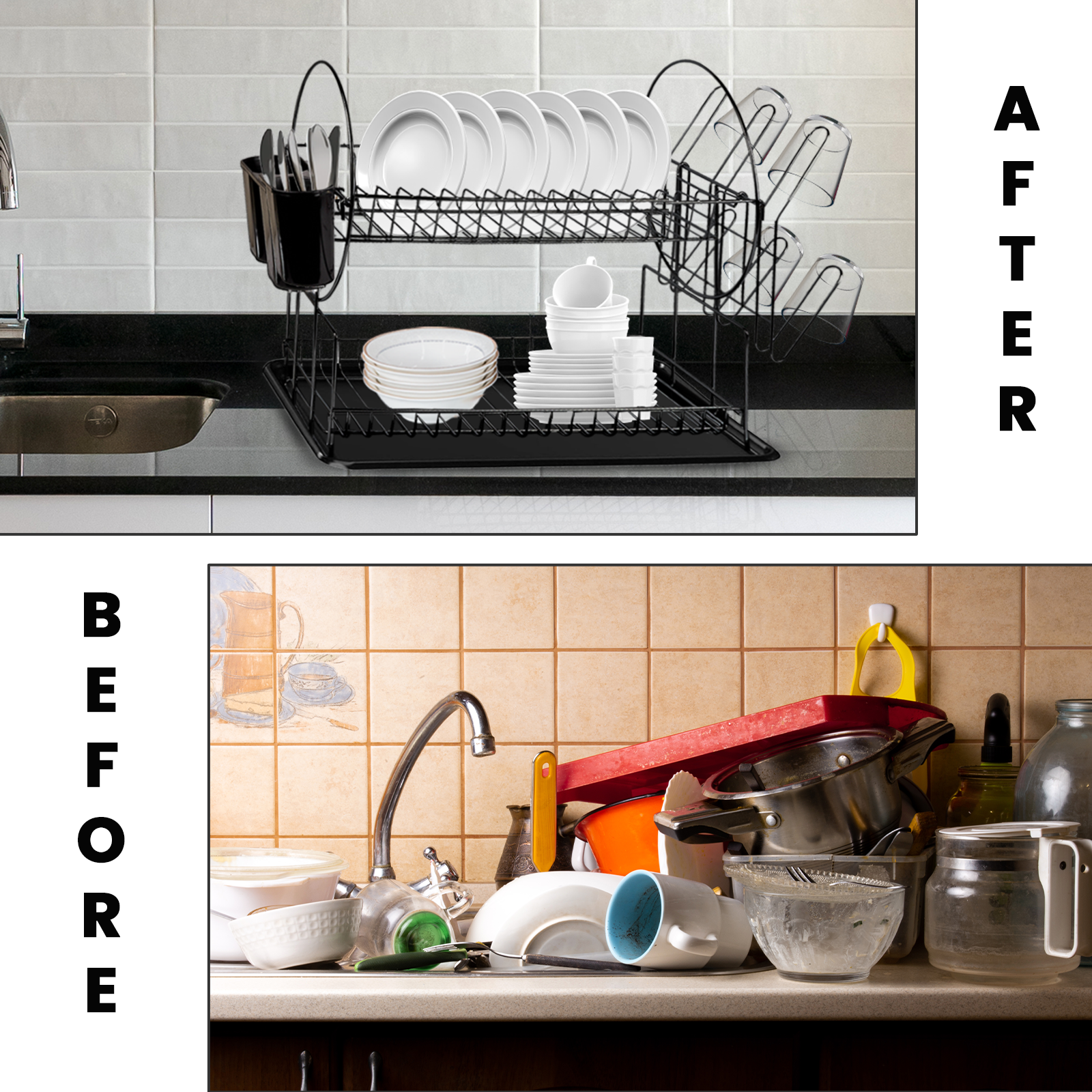 2 Tier Black Dish Drainer Rack – With Utensil Holder & Drip Tray