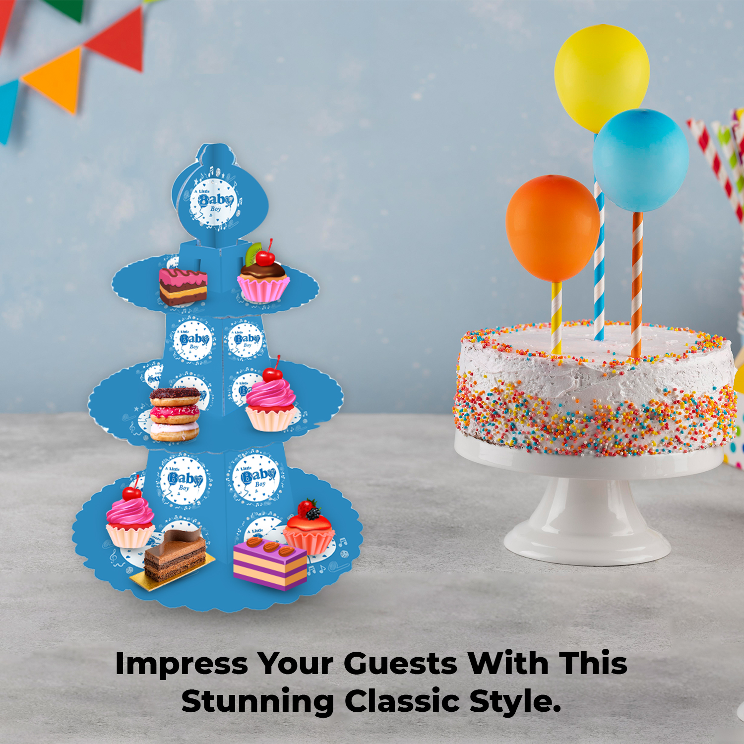 3-Tier A Little Baby Boy Cardboard Cake Stand – Blue Cupcake Tower