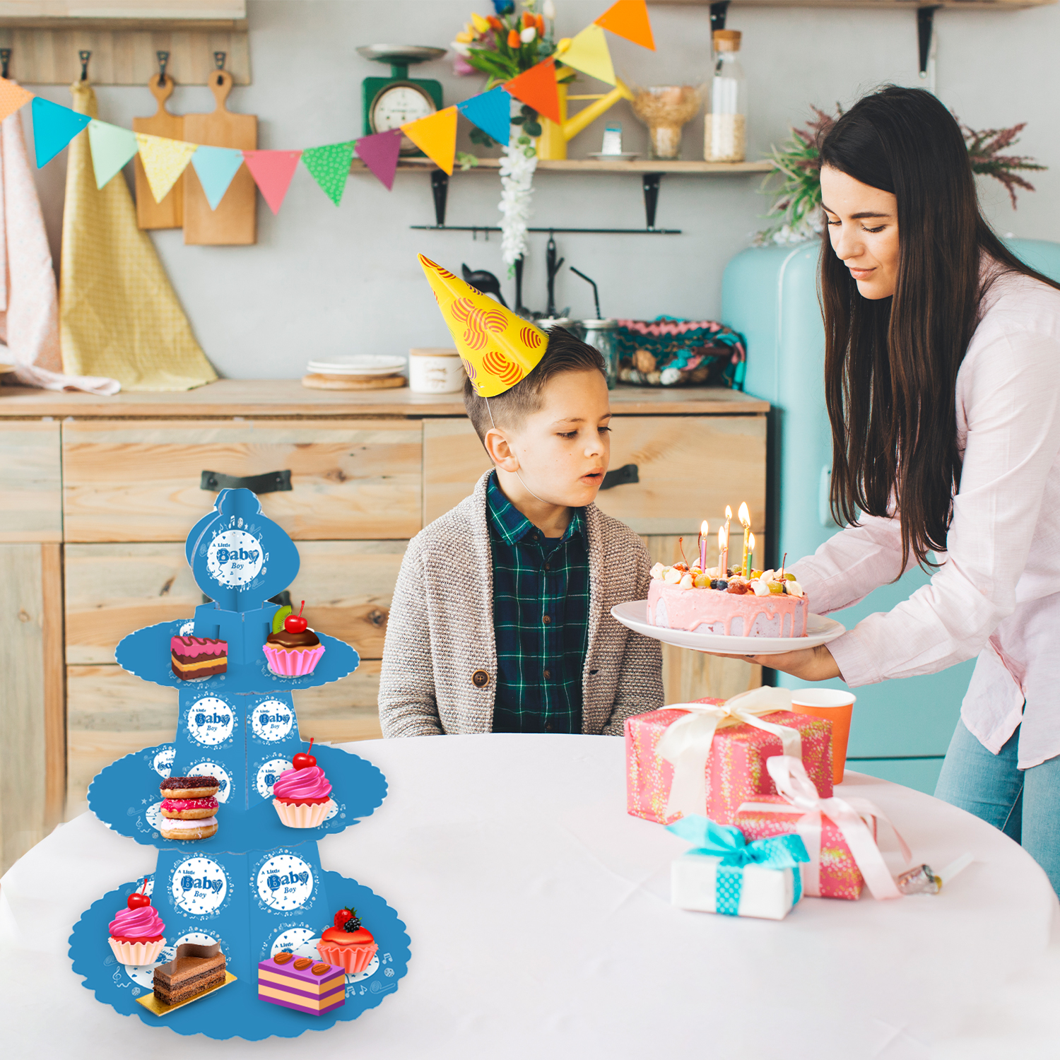 3-Tier A Little Baby Boy Cardboard Cake Stand – Blue Cupcake Tower