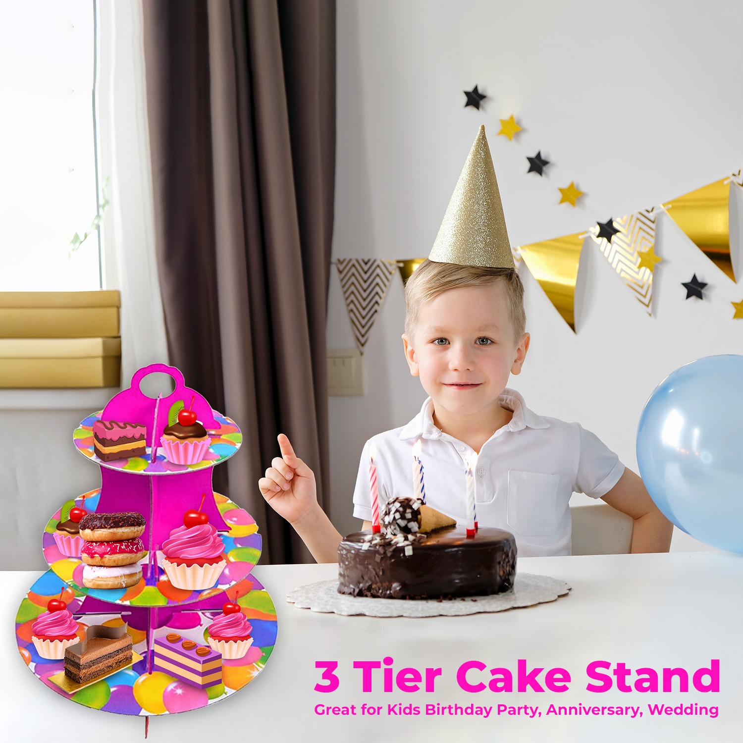 3 Tier Cup Cake Stand Cardboard – Multi Balloon Dessert Display