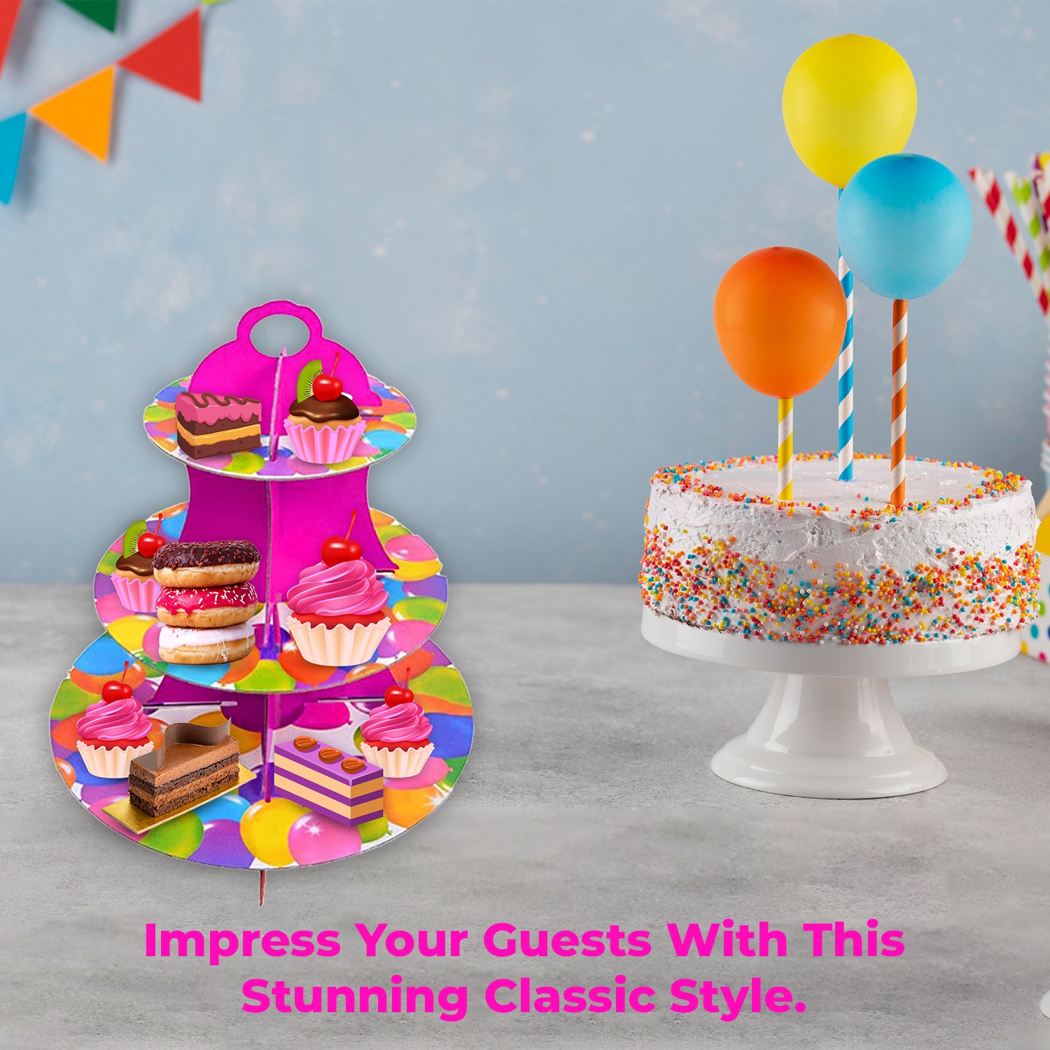 3 Tier Cup Cake Stand Cardboard – Multi Balloon Dessert Display