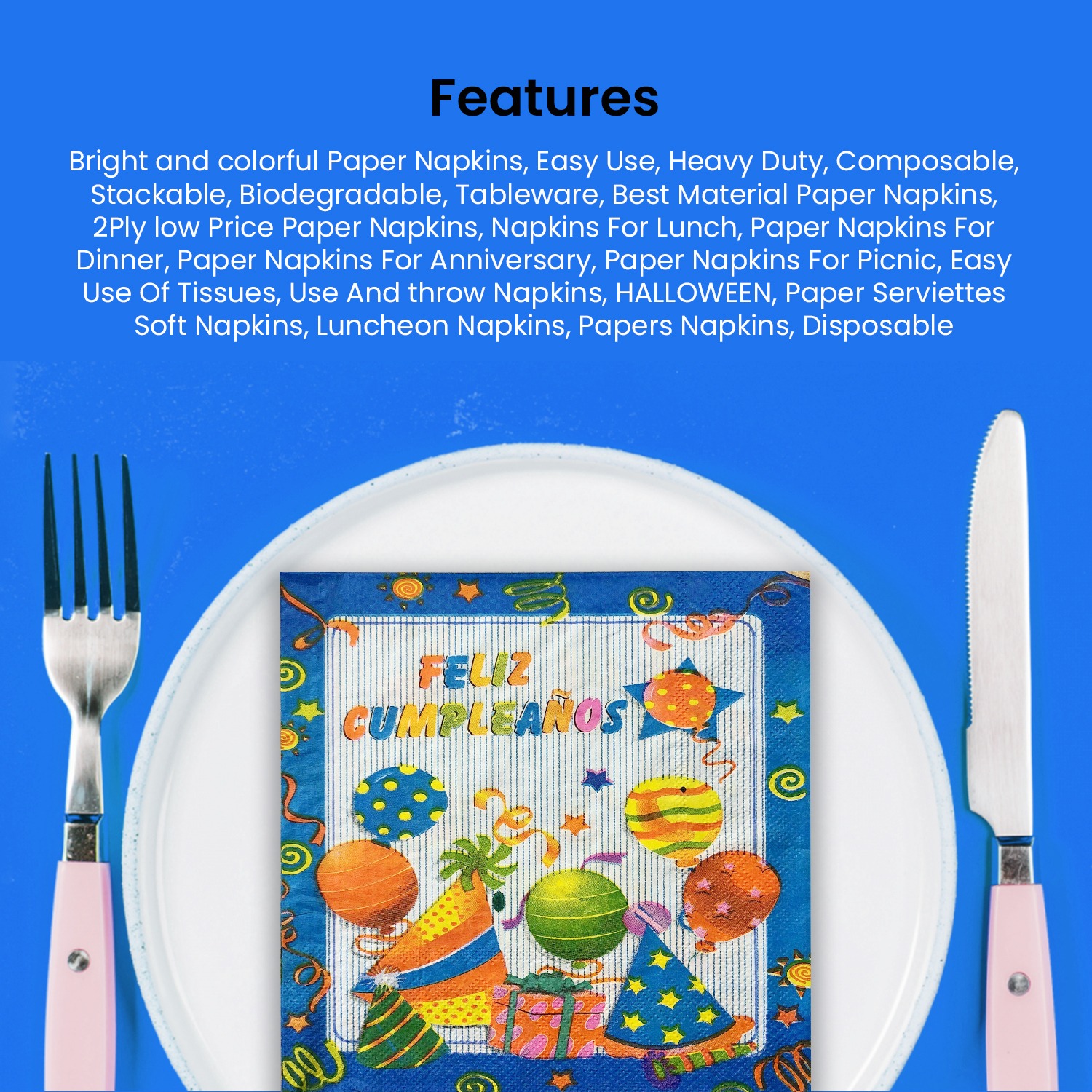 10X Paper Napkins Blue – Birthday Party 2 Ply Disposable Serviettes