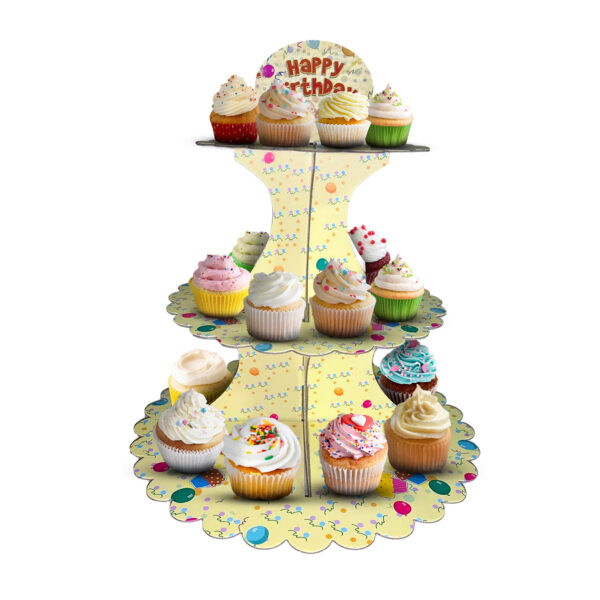 3 Tier Yellow Happy Birthday Cardboard Cupcake Stand