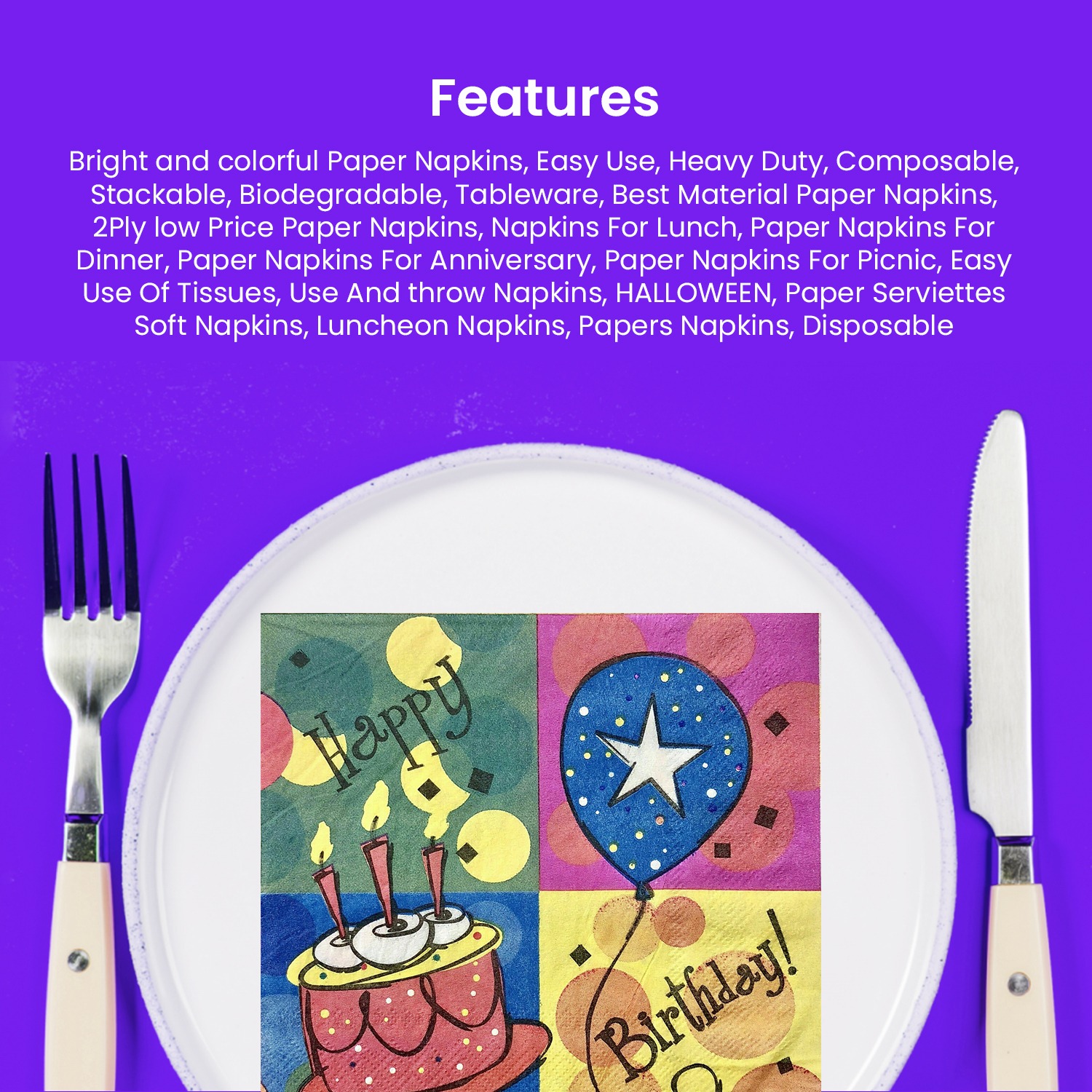 10X 2 Ply Napkins – Happy Birthday Balloon Cake Disposable Serviettes